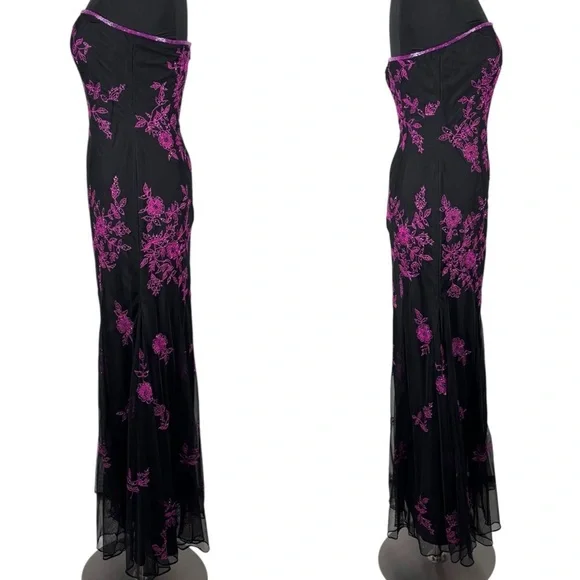 VINTAGE Y2K CACHE BEADED HOCO PROM STRAPLESS HOT PINK BLACK DRESS FORMAL  GOWN